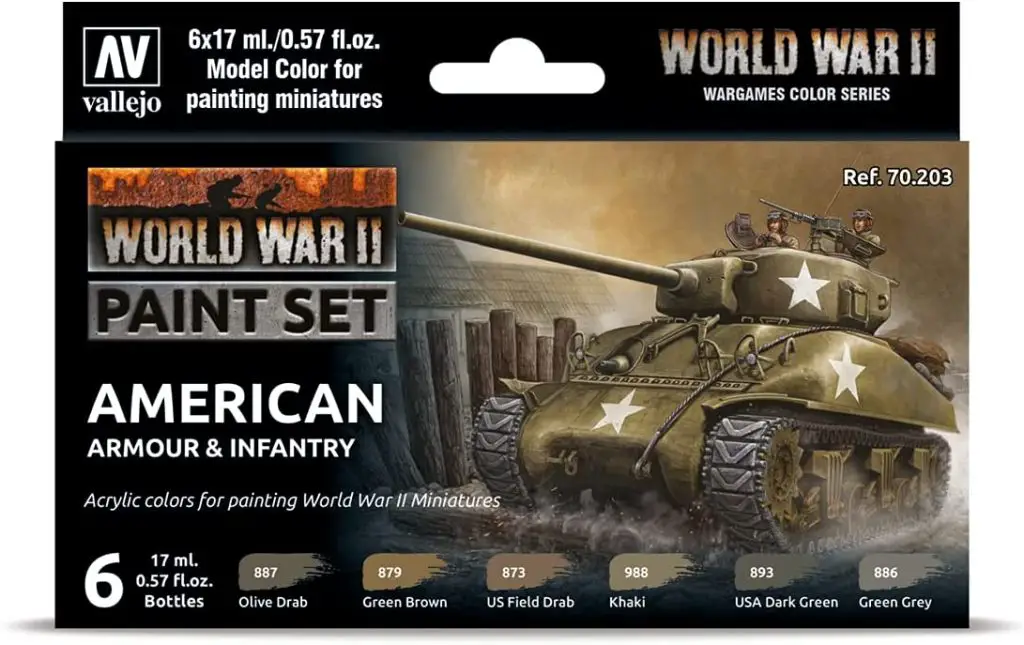 Vallejo VAL70203 AV Model Color Set-WWII American Armour&Infantry, 17 ml (Pack of 6)