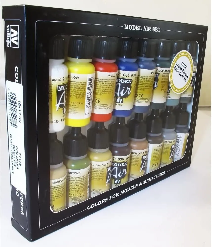 Basic Colors: Acrylic 16 Airbrush Paint Set for Model & Hobby (Vallejo 71178)