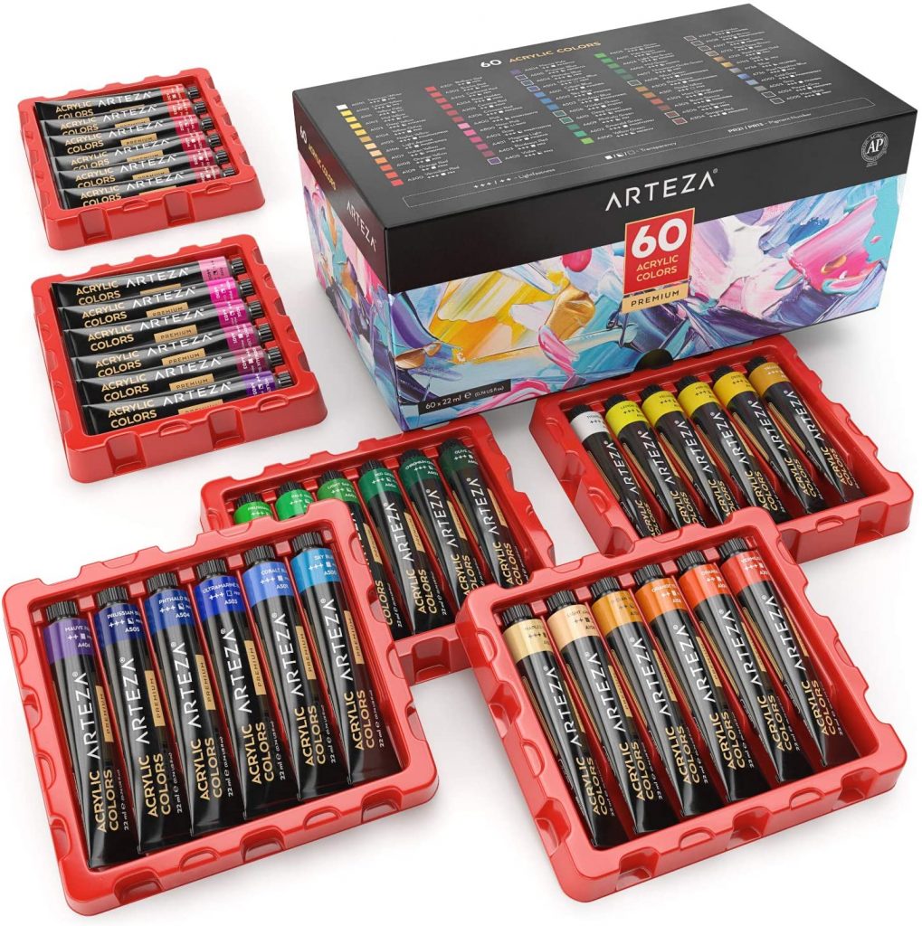 Arteza Acrylic Paint, Set of 60 Colors/Tubes