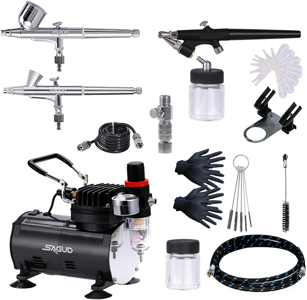 SAGUD Airbrush Compressor Airbrushing Kit with 3 Professional Airbrushes