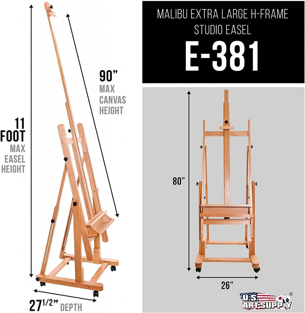 U.S. Art Supply Malibu Heavy Duty Extra Large Adjustable H-Frame Studio Easel with Artist Storage Tray