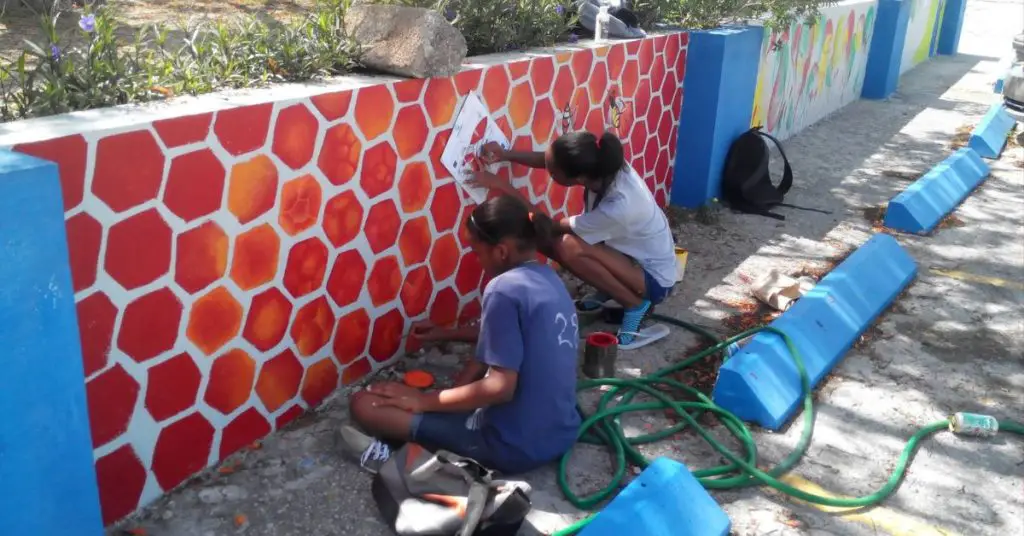 Students working on an outdoor mural