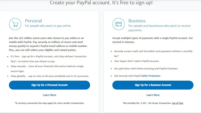 PayPal account signup