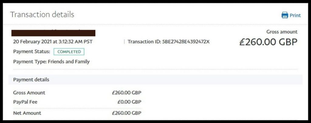 Screenshot of a PayPal sale receipt