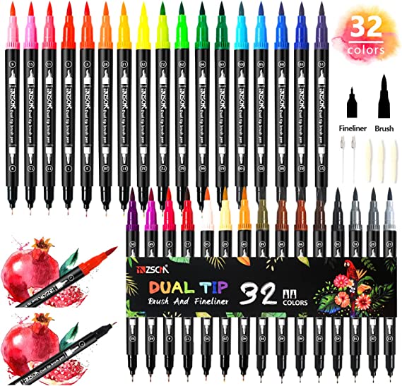 ZSCM 32 Colors Dual Tip Brush Pens Art Markers Set