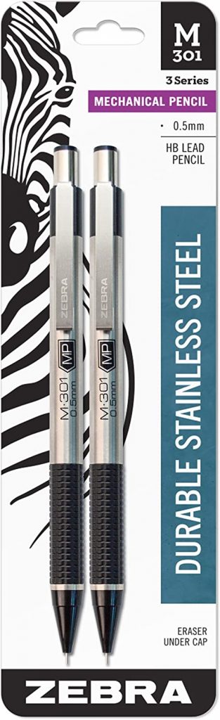 Zebra Pen M-301 Mechanical Pencil, Stainless Steel Barrel, Fine Point, 0.5mm, Black Grip, 2-Pack
