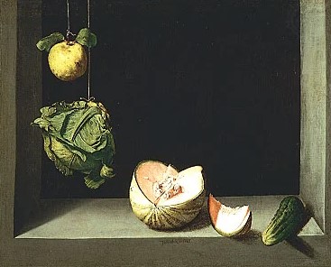 “Quince, Cabbage, Melon, and Cucumber,” oil on canvas by Juan Sánchez Cotán,