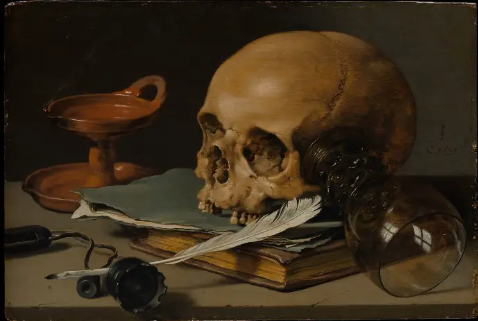 Still Life with a Skull and a Writing Quill by Pieter Claesz