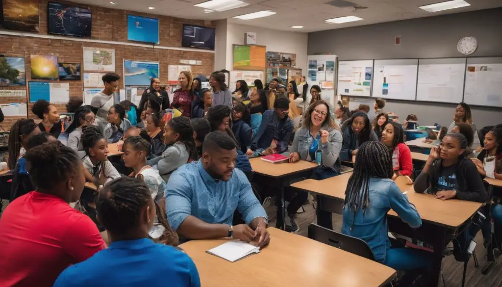 A diverse group of students and teachers engaged in interactive learning activities. Master in Art Education Students