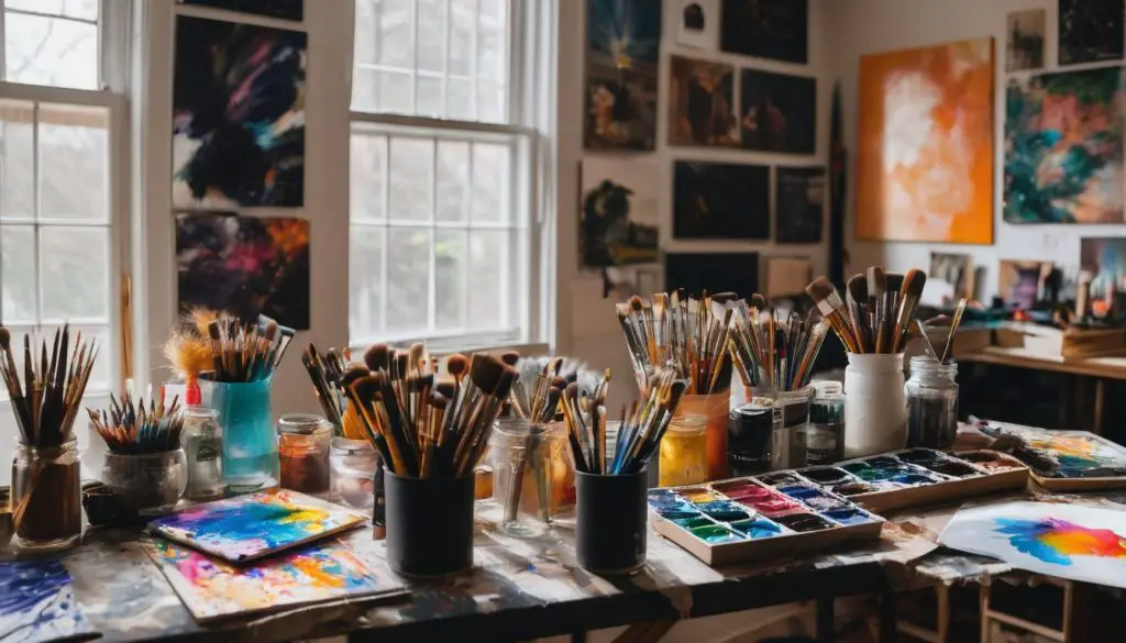 An open art studio with vibrant paintbrushes and creative atmosphere. Masters of Arts in Education