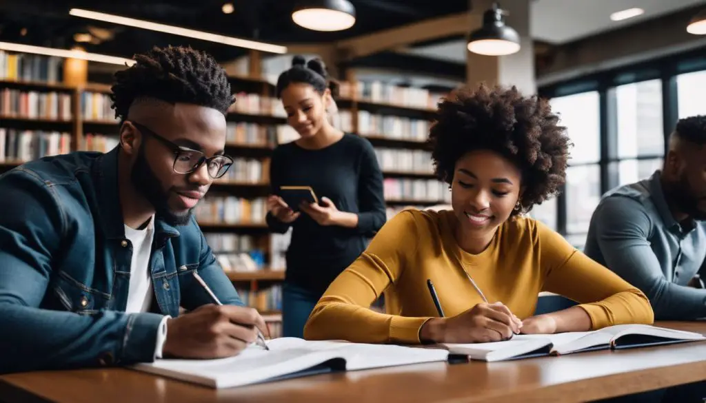A diverse group of graduate students studying together in a library. Students Studying in the University Library
