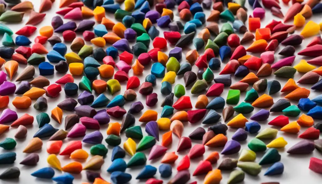 Colorful array of crayons arranged artistically on a white background. Different Types of Wax Crayons