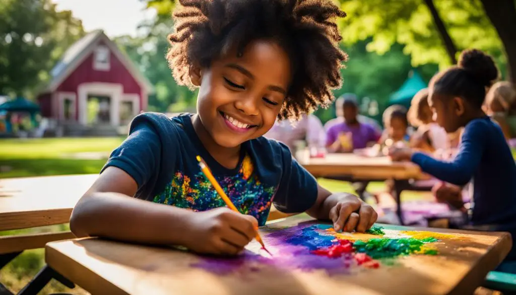 A happy child coloring at a picnic table in a vibrant park. Smiling boy drawing with wax crayon