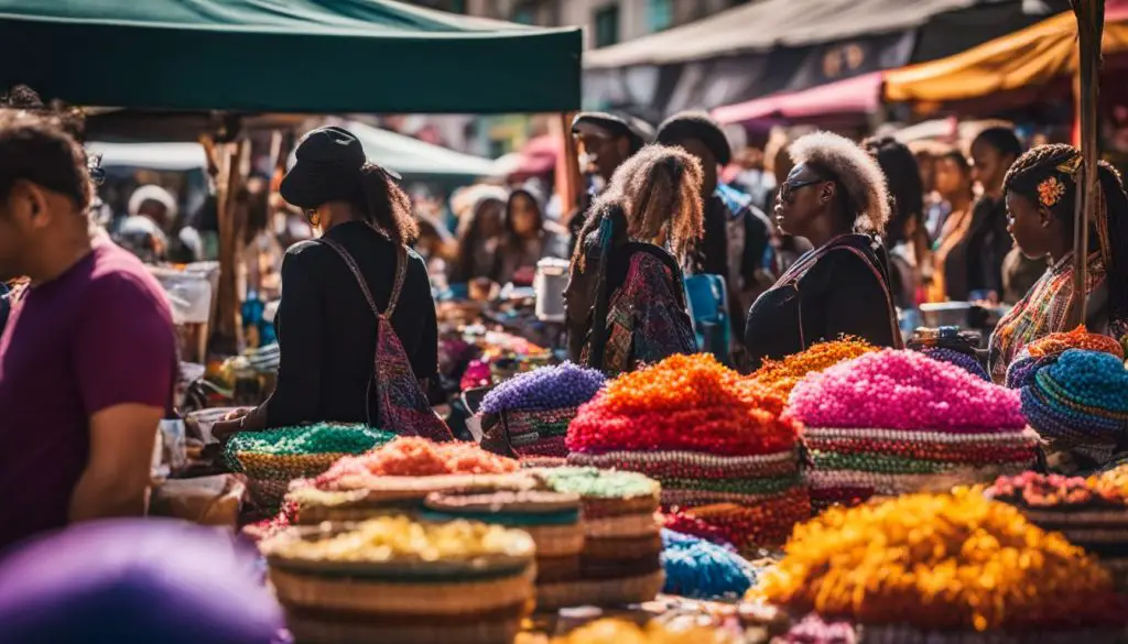 A person showcasing colorful handmade crafts at a bustling outdoor market. DIY Craft market