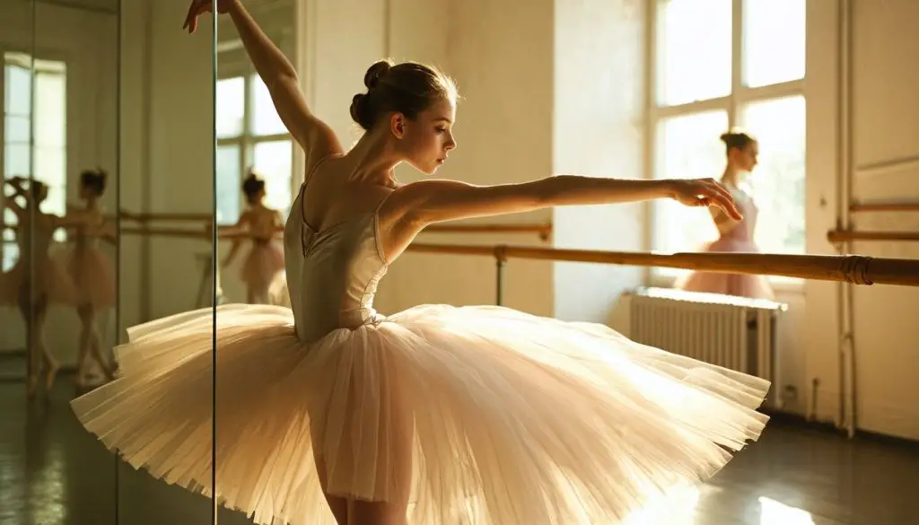 A ballerina gracefully stretching in a ballet studio, reminiscent of Edgar Degas. Ballerina Dancer