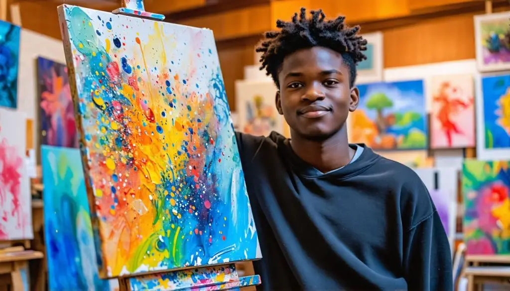 A teenage student proudly stands next to their completed painting.