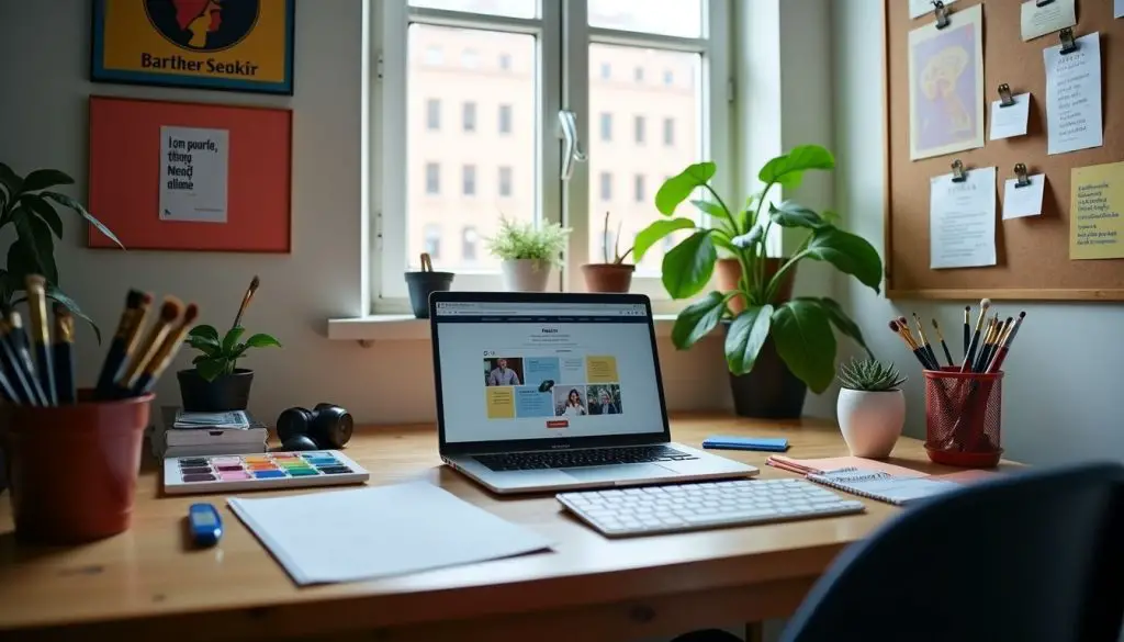 A tidy, creative workspace with a laptop displaying a portfolio website. Building a Portfolio and Networking