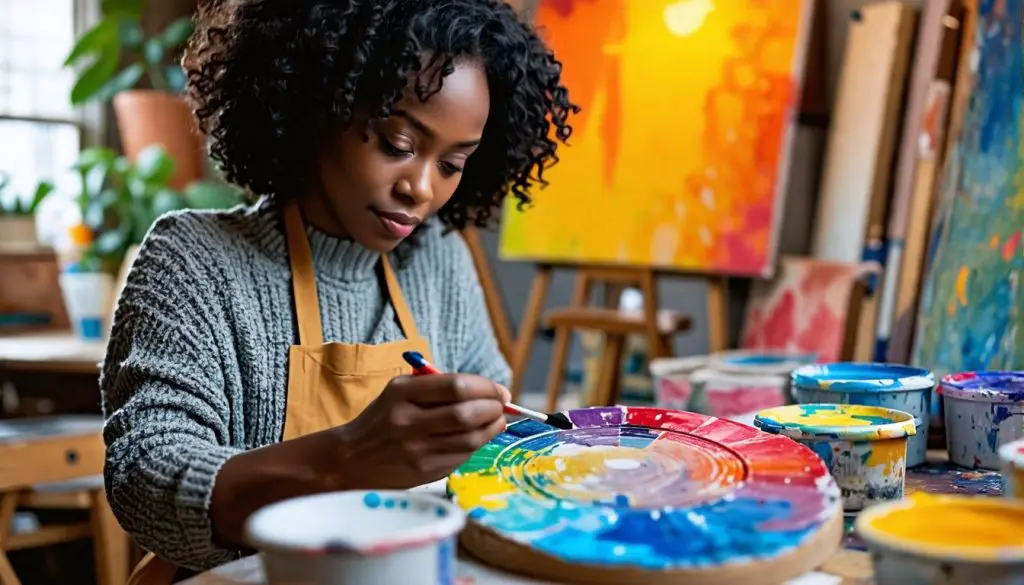 A woman carefully consulting a color wheel while mixing paint. Color Guides and Mixing Tools