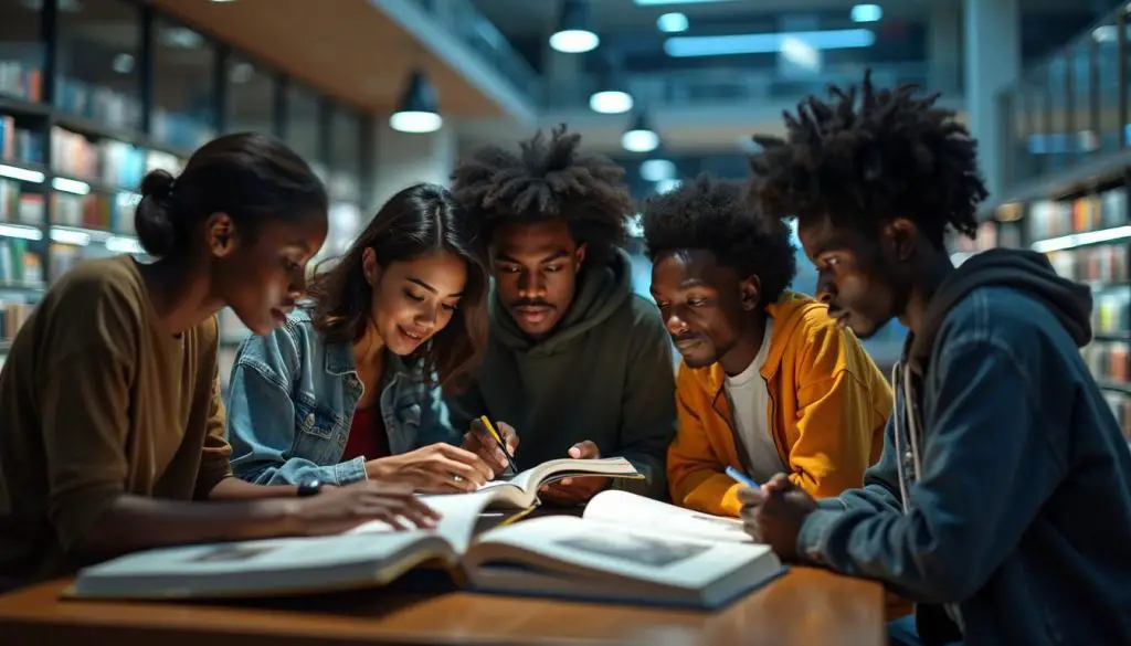 A group of young adults exploring futuristic art books in a modern library. The Future of Art Book Publishing