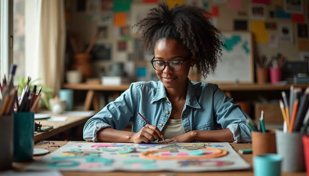 An abstract digital collage made from recycled materials in an artist's studio. Contemporary Art Literature