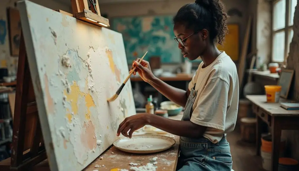 An artist in their mid-30s mixing modeling paste and gels on a textured canvas in a cluttered studio. Enhancing Your Impasto Effects