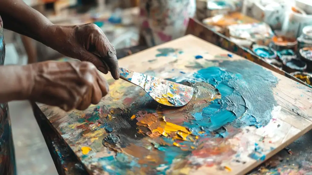An artist mixes vibrant oil paints in a cluttered studio. Artist Painting Tools