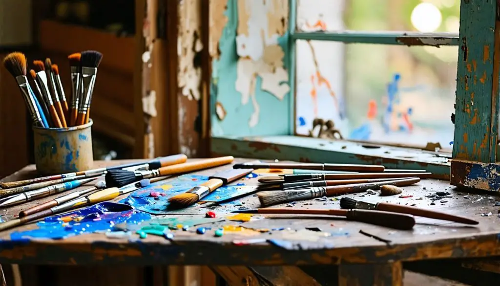A cluttered wooden artist's table with paint brushes and palette knives. Brushes and Knives