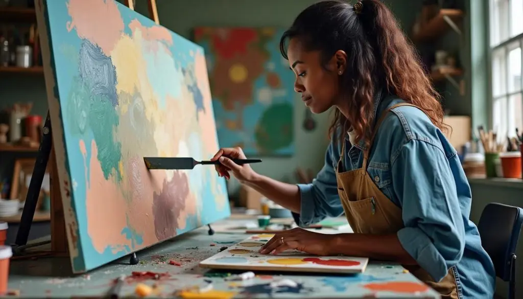 An artist working on impasto painting in a messy studio. Acrylic Impasto Painting