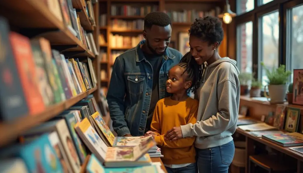 A Black family browses books in a cozy bookstore. Featured Art Books of the Year