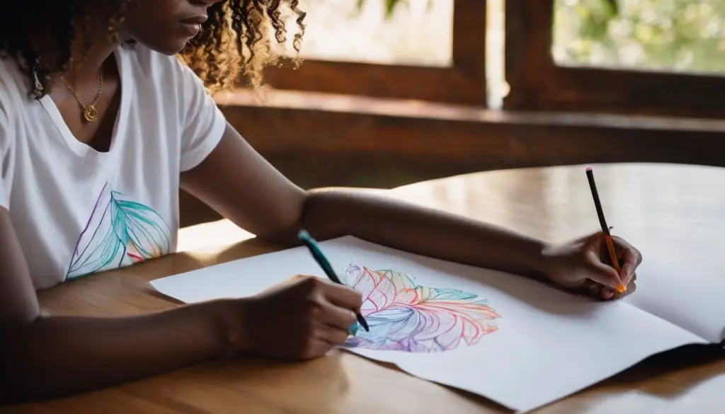 A woman draws on a white shirt surrounded by colorful markers. Girl with fabric marker pen