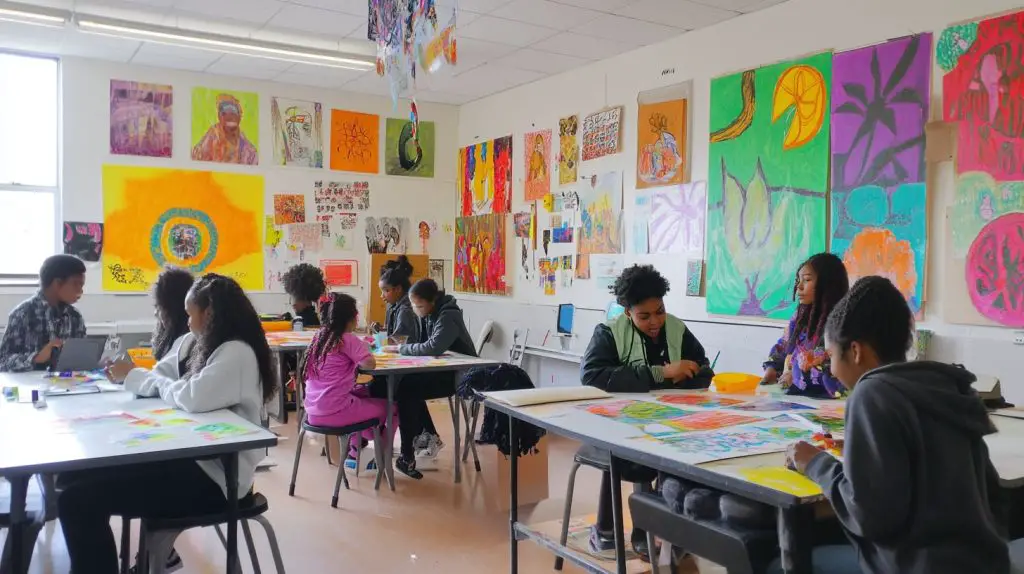 High school students working on vibrant art project in classroom.