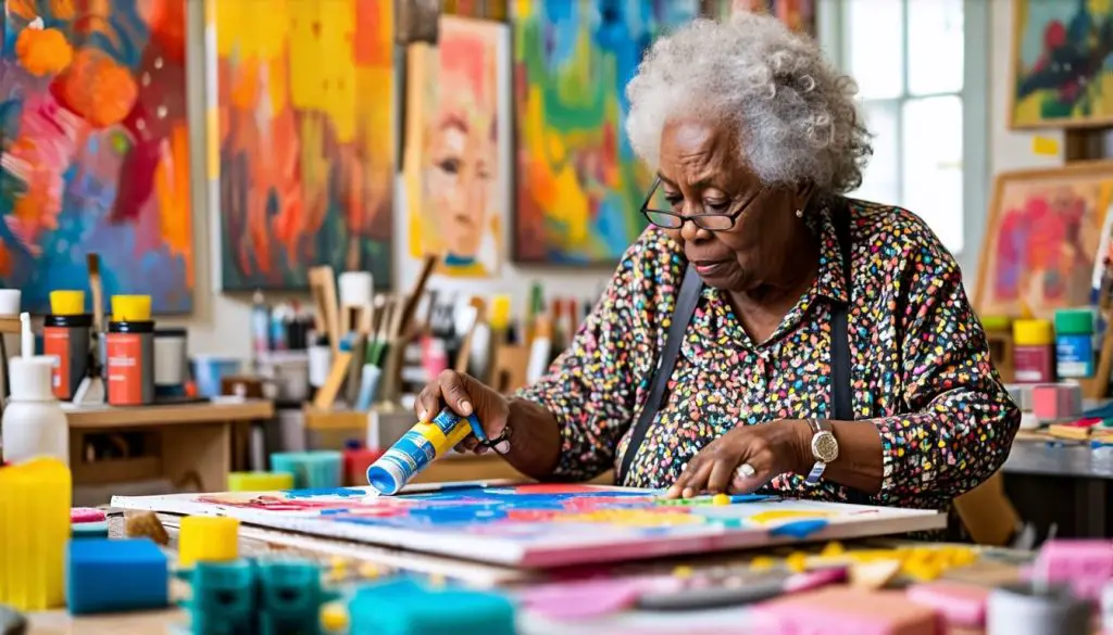 An elderly woman uses innovative tools to paint in cluttered studio. Innovative Painting Tools