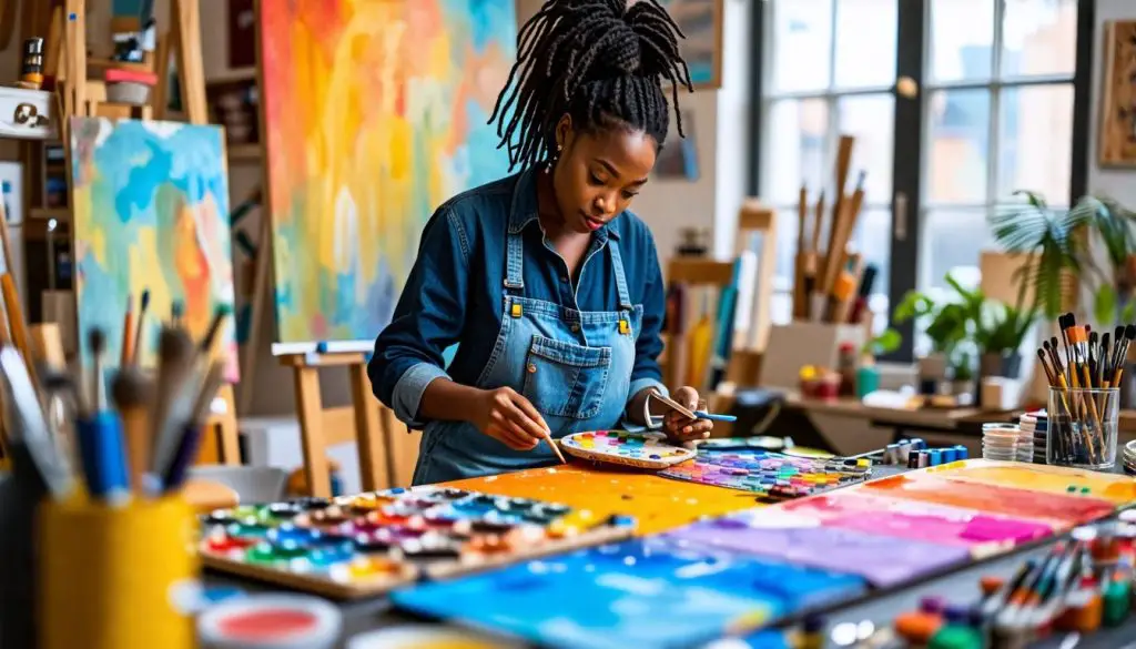 An artist working in a studio, carefully choosing tools for vibrant colors. Palettes and Palette Accessories