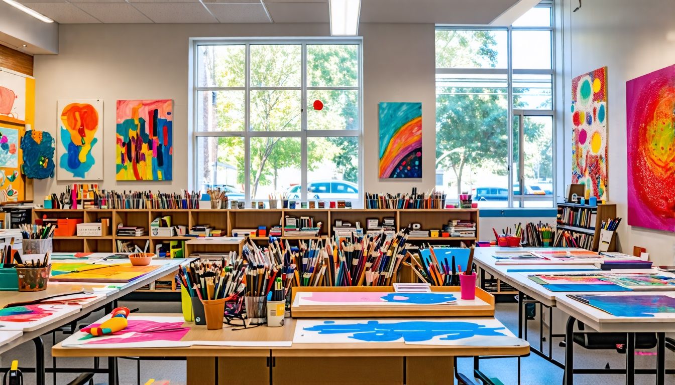A vibrant, student-centered art classroom with personalized projects and diverse supplies.