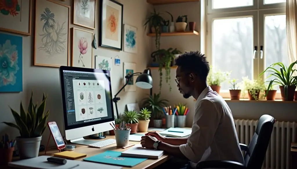 A cluttered home office with artistic sketches, computer, and smartphone. Skills Needed for Succeeding in Creative Jobs