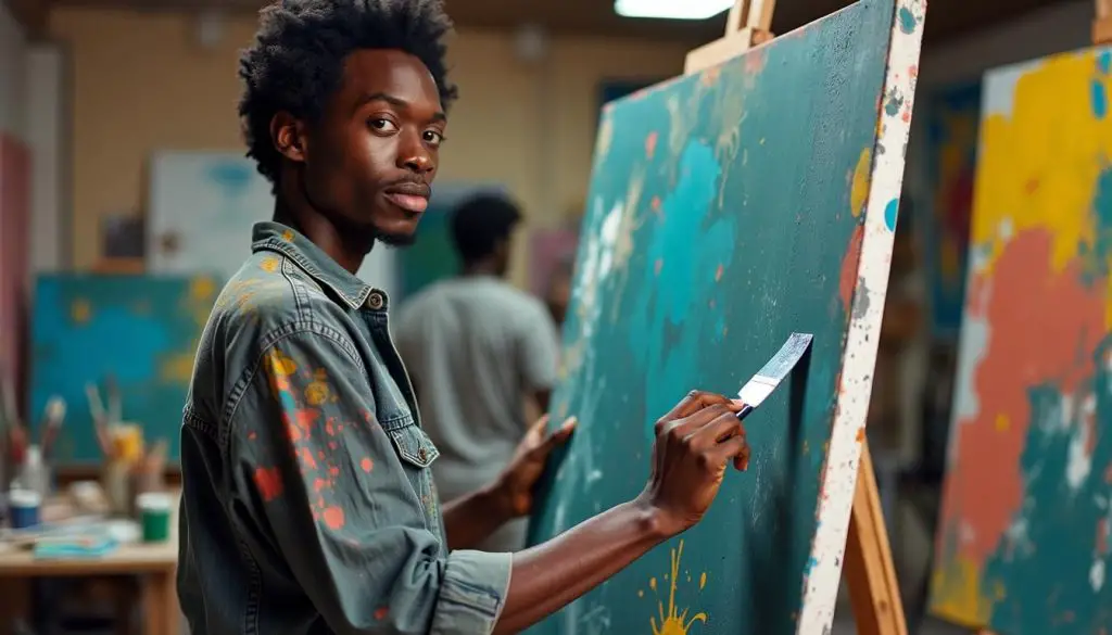 An artist is painting on a large canvas in a studio. Master Impasto Painting