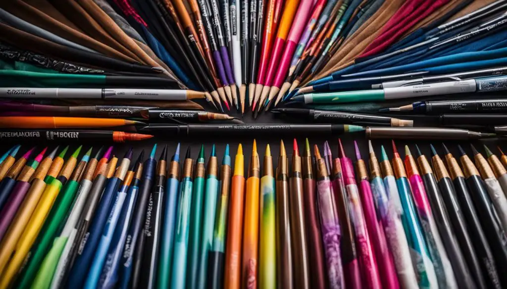A collection of fabric marker pens surrounded by various fabrics and people. Various Fabric Markers